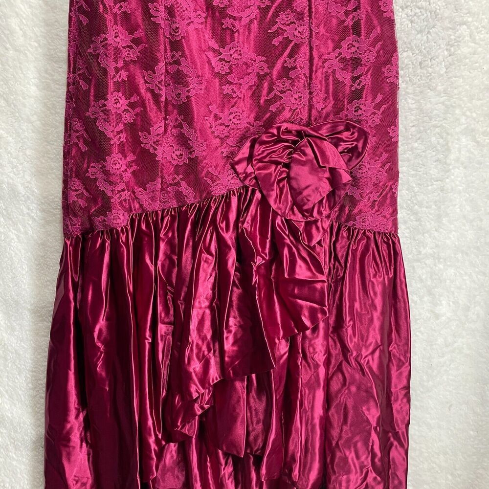 Vintage 80s Magenta Lace Satin Dress Puff Sleeve Prom Party Retro Size Small - Picture 2 of 15